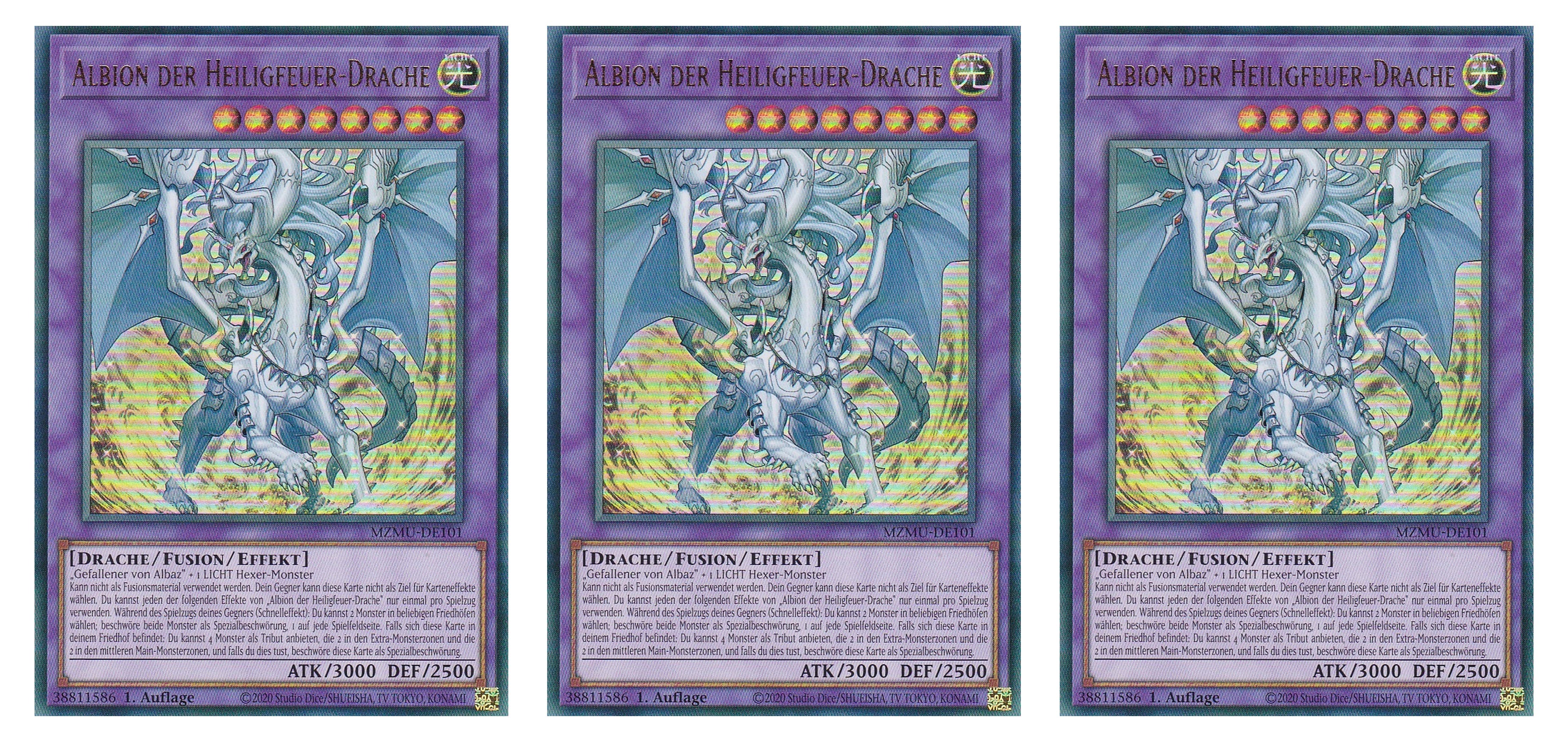 MZMU-DE101 - Albion der Heiligfeuer-Drache - Playset (3 Kopien) - Ultra Rare - Deutsch - 1. Auflage - Maze of Muertos - Yugioh - mit LMS Fieldcenter-Karte