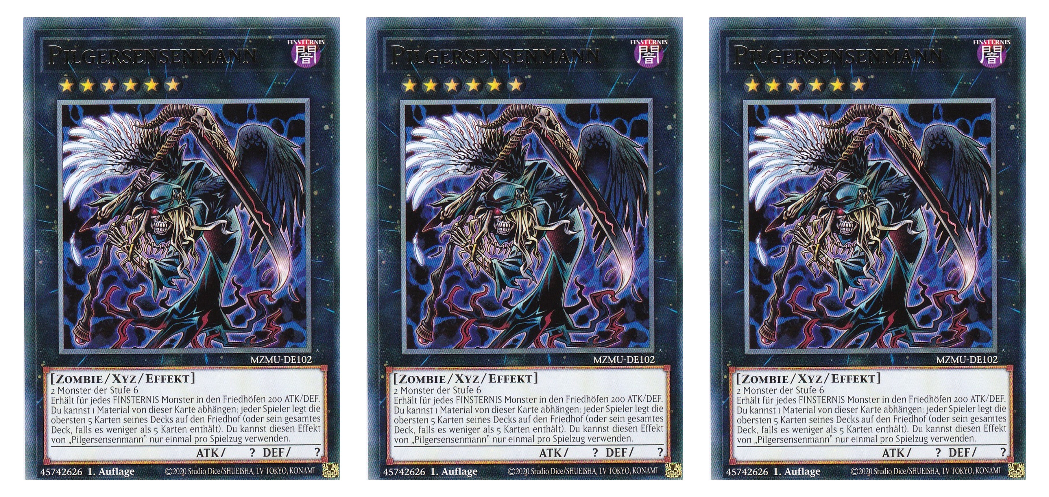 MZMU-DE102 - Pilgersensenmann - Playset (3 Kopien) - Rare - Deutsch - 1. Auflage - Maze of Muertos - Yugioh - mit LMS Fieldcenter-Karte