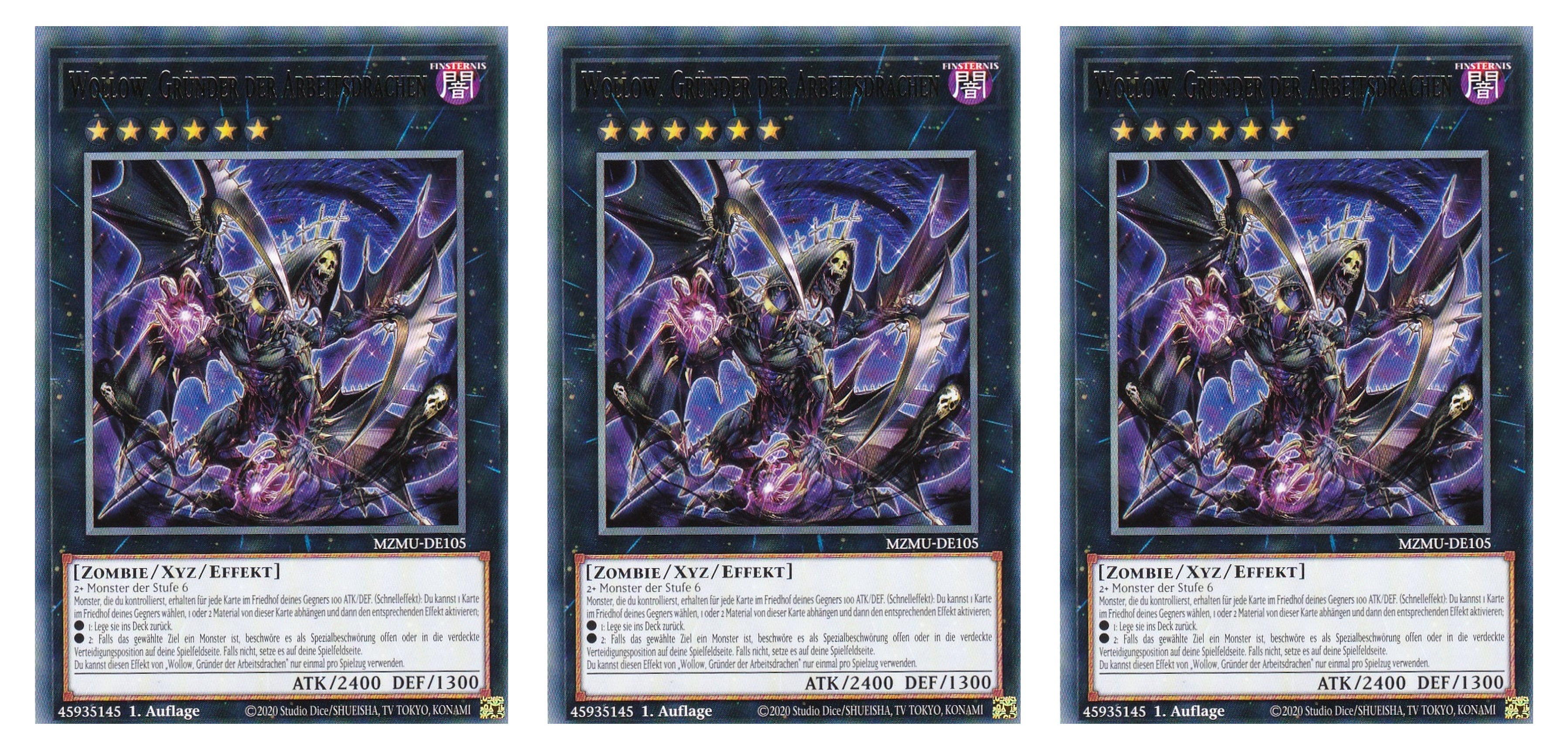 MZMU-DE105 - Wollow, Gründer der Arbeitsdrachen - Playset (3 Kopien) - Rare - Deutsch - 1. Auflage - Maze of Muertos - Yugioh - mit LMS Fieldcenter-Karte