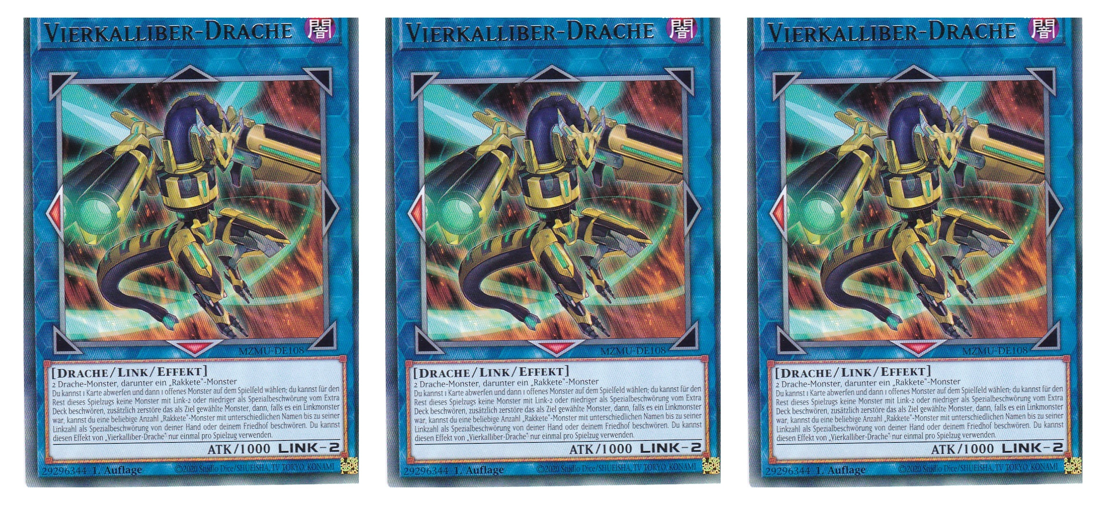 MZMU-DE108 - Vierkalliber-Drache - Playset (3 Kopien) - Rare - Deutsch - 1. Auflage - Maze of Muertos - Yugioh - mit LMS Fieldcenter-Karte