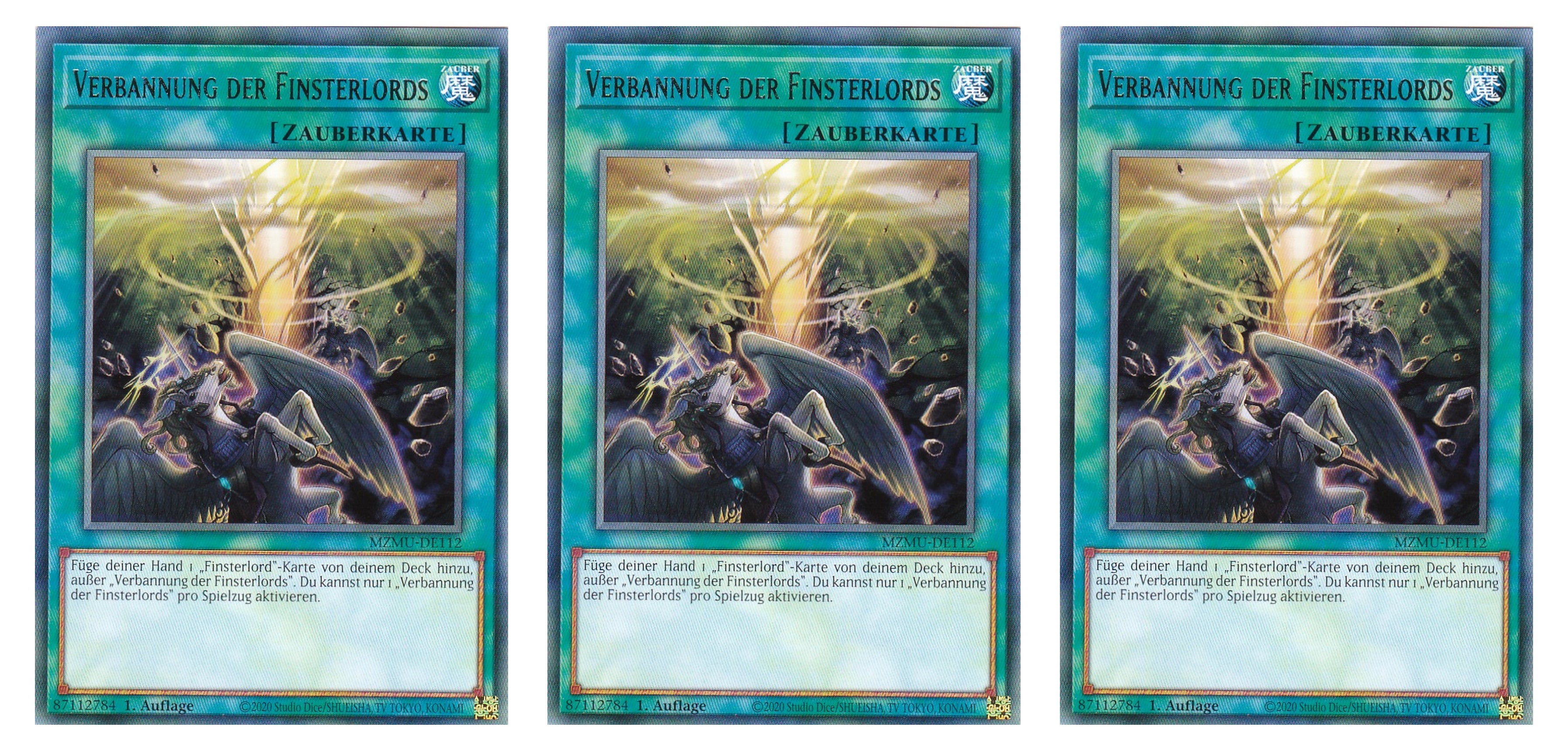 MZMU-DE112 - Verbannung der Finsterlords - Playset (3 Kopien) - Rare - Deutsch - 1. Auflage - Maze of Muertos - Yugioh - mit LMS Fieldcenter-Karte