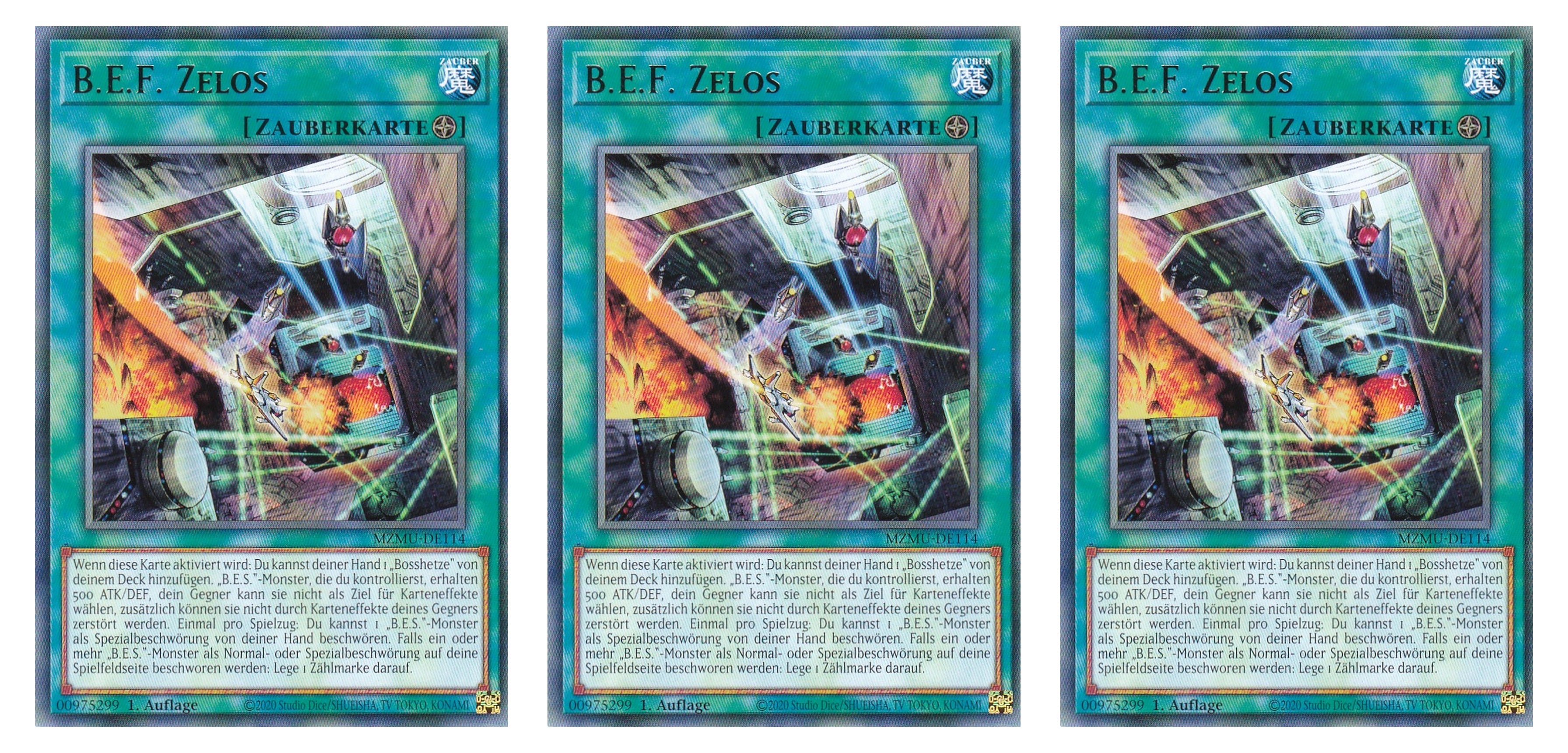 MZMU-DE114 - B. E. F. Zelos - Playset (3 Kopien) - Rare - Deutsch - 1. Auflage - Maze of Muertos - Yugioh - mit LMS Fieldcenter-Karte