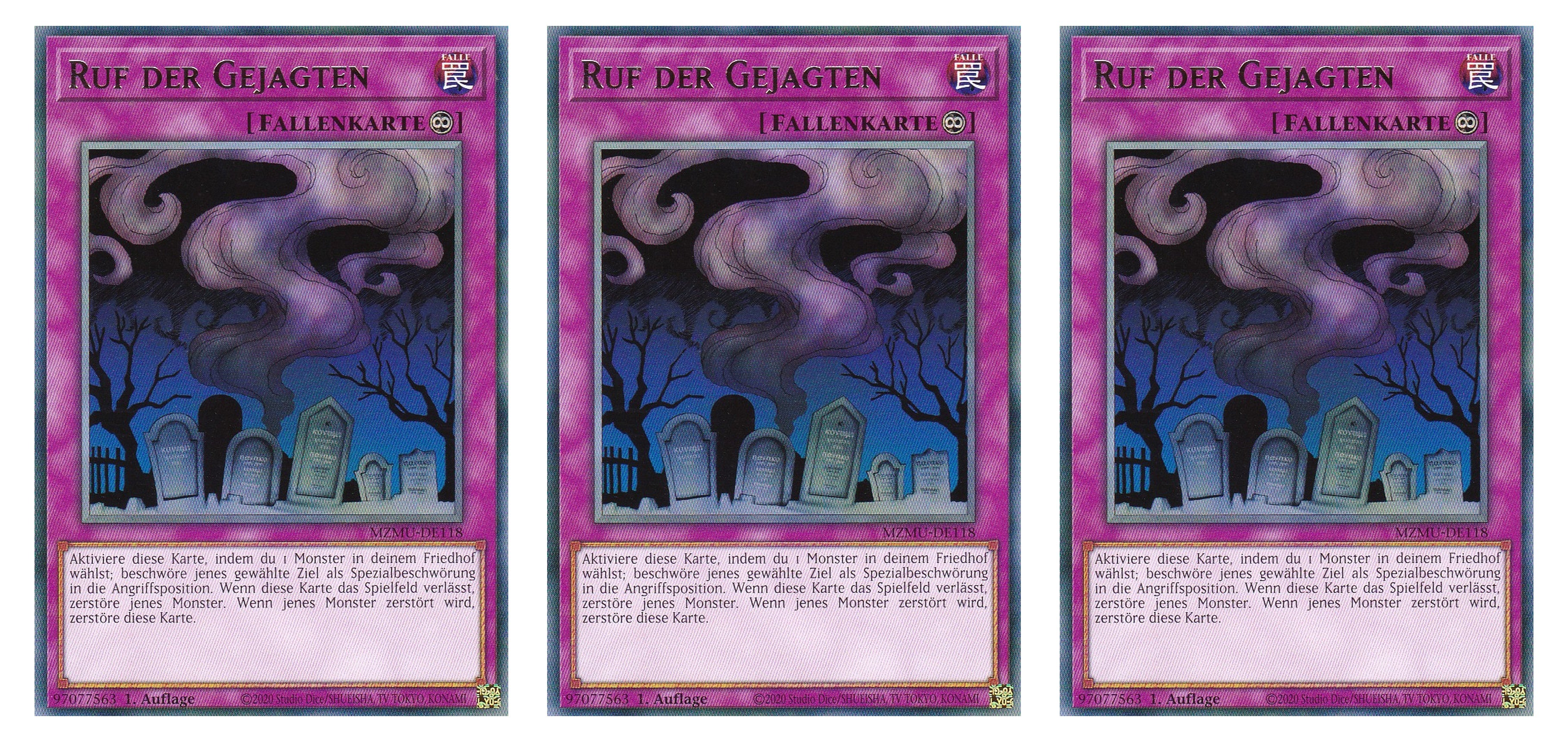 MZMU-DE118 - Ruf der Gejagten - Playset (3 Kopien) - Rare - Deutsch - 1. Auflage - Maze of Muertos - Yugioh - mit LMS Fieldcenter-Karte