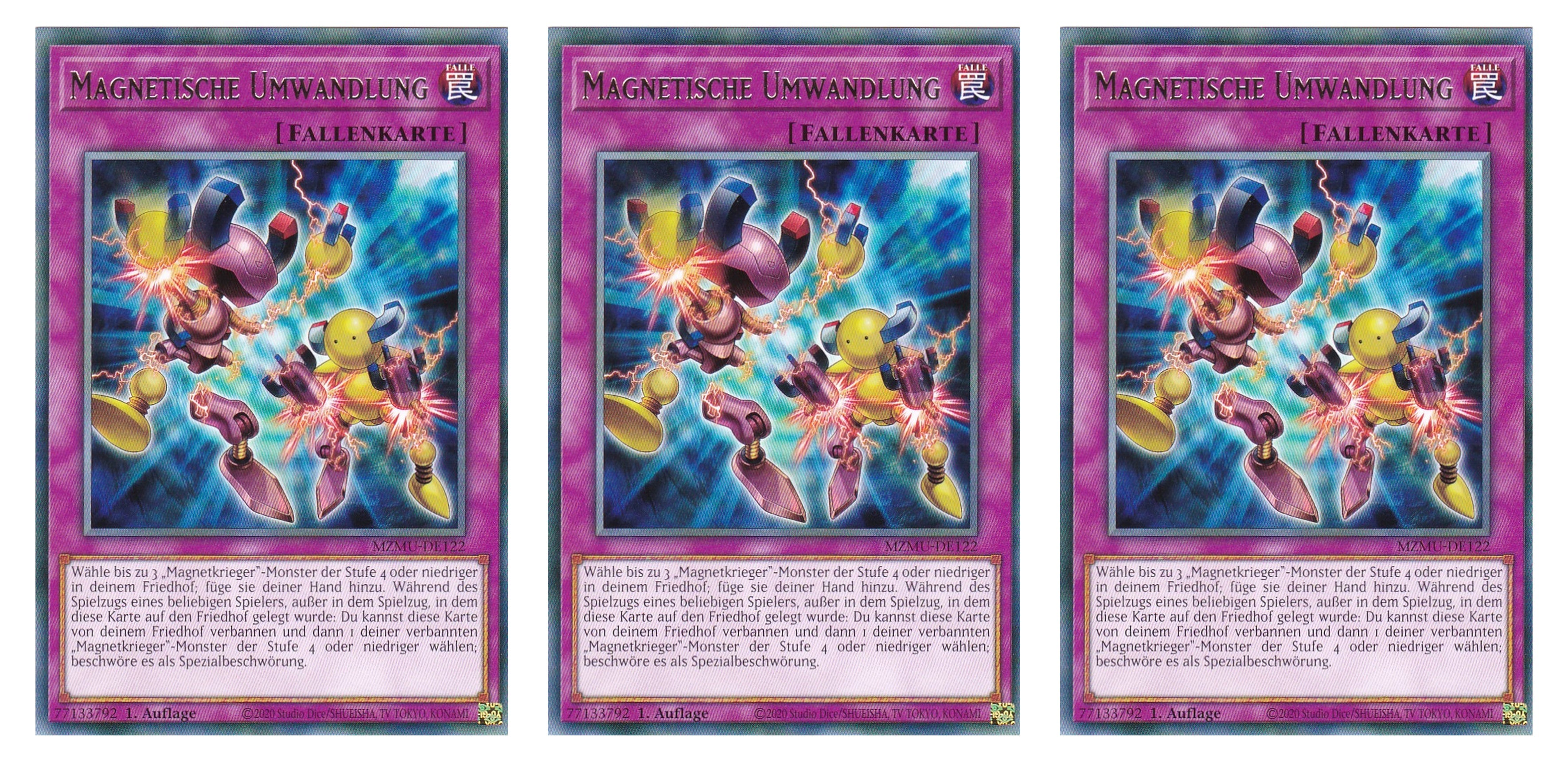 MZMU-DE122 - Magnetische Umwandlung - Playset (3 Kopien) - Rare - Deutsch - 1. Auflage - Maze of Muertos - Yugioh - mit LMS Fieldcenter-Karte