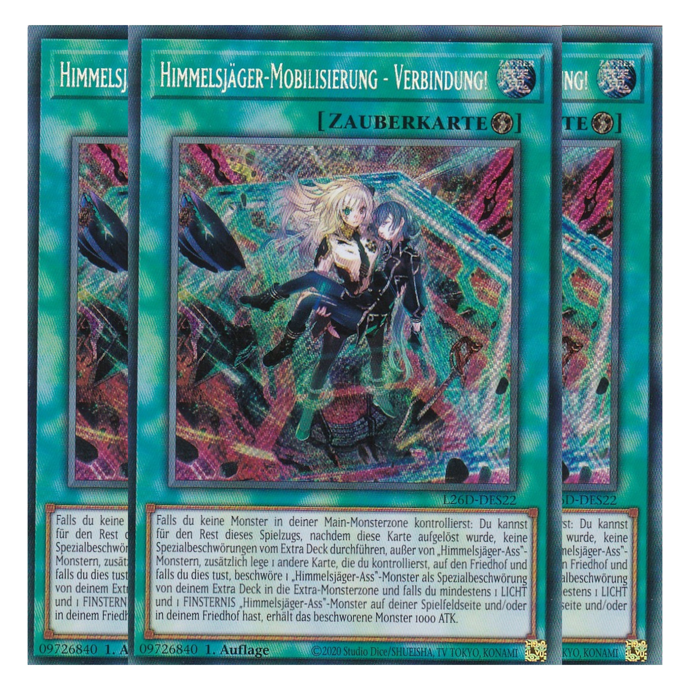 L26D-DES22 - Himmelsjäger-Mobilisierung - Verbindung! - Secret Rare - Deutsch - 1. Auflage - Legendary Modern Decks 2026 - Playset (3 Kopien) - Yu-Gi-Oh! - mit LMS Trading Fieldcenter Karte