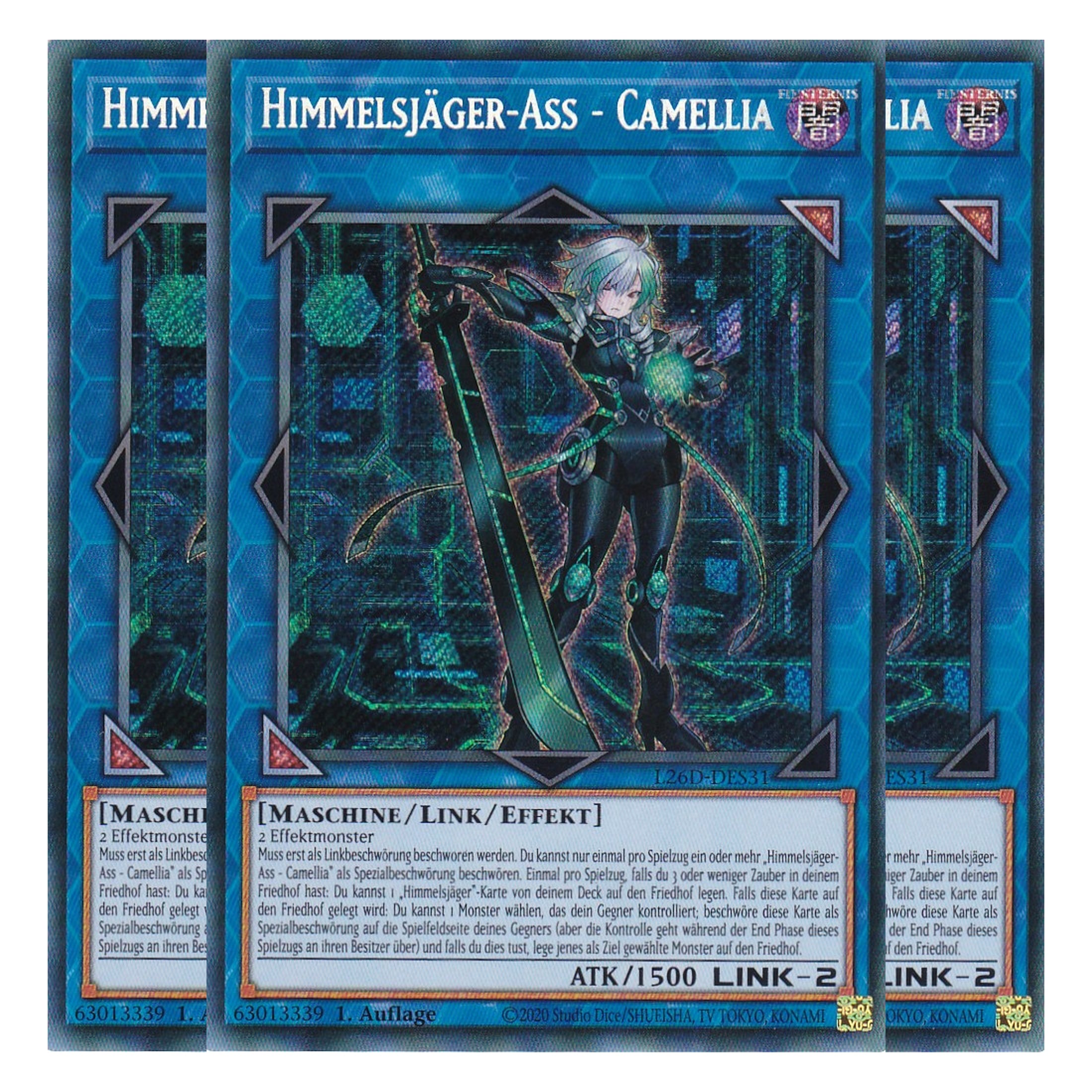 L26D-DES31 - Himmelsjäger-Ass - Camellia - Secret Rare - Deutsch - 1. Auflage - Legendary Modern Decks 2026 - Playset (3 Kopien) - Yu-Gi-Oh! - mit LMS Trading Fieldcenter Karte