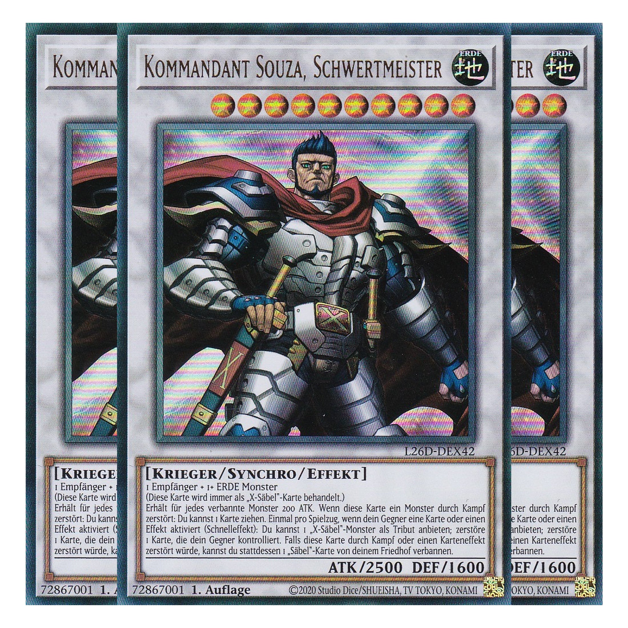 L26D-DEX42 - Kommandant Souza, Schwertmeister - Ultra Rare - Deutsch - 1. Auflage - Legendary Modern Decks 2026 - Playset (3 Kopien) - Yu-Gi-Oh! - mit LMS Trading Fieldcenter Karte
