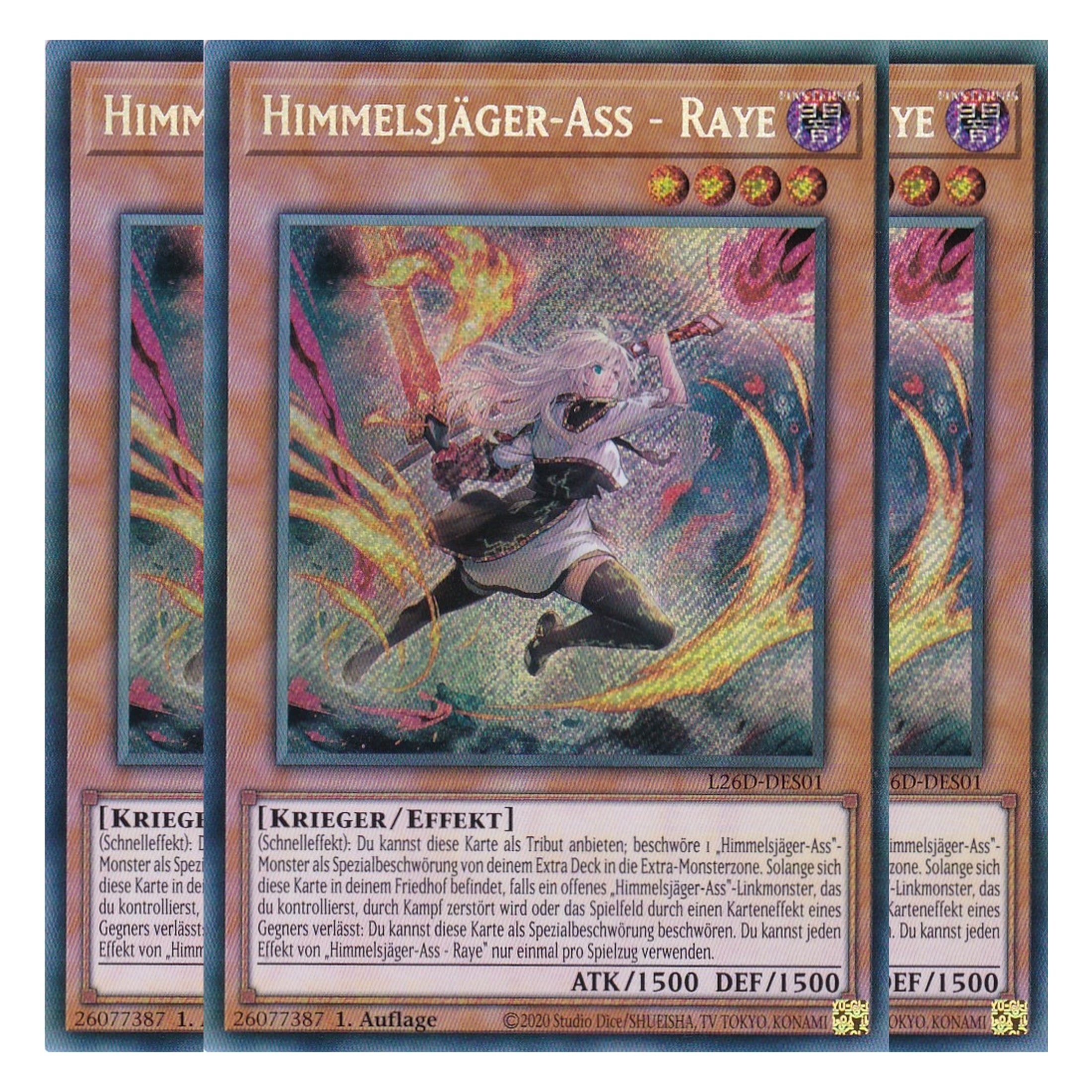 L26D-DES01 - Himmelsjäger-Ass - Raye - Secret Rare - Deutsch - 1. Auflage - Legendary Modern Decks 2026 - Playset (3 Kopien) - Yu-Gi-Oh! - mit LMS Trading Fieldcenter Karte