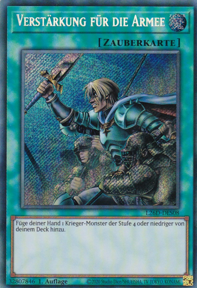L26D-DES08 - Verstärkung für die Armee - Secret Rare - Deutsch - Legendary Modern Decks 2026 - Yu-Gi-Oh! - mit LMS Trading Fieldcenter Karte