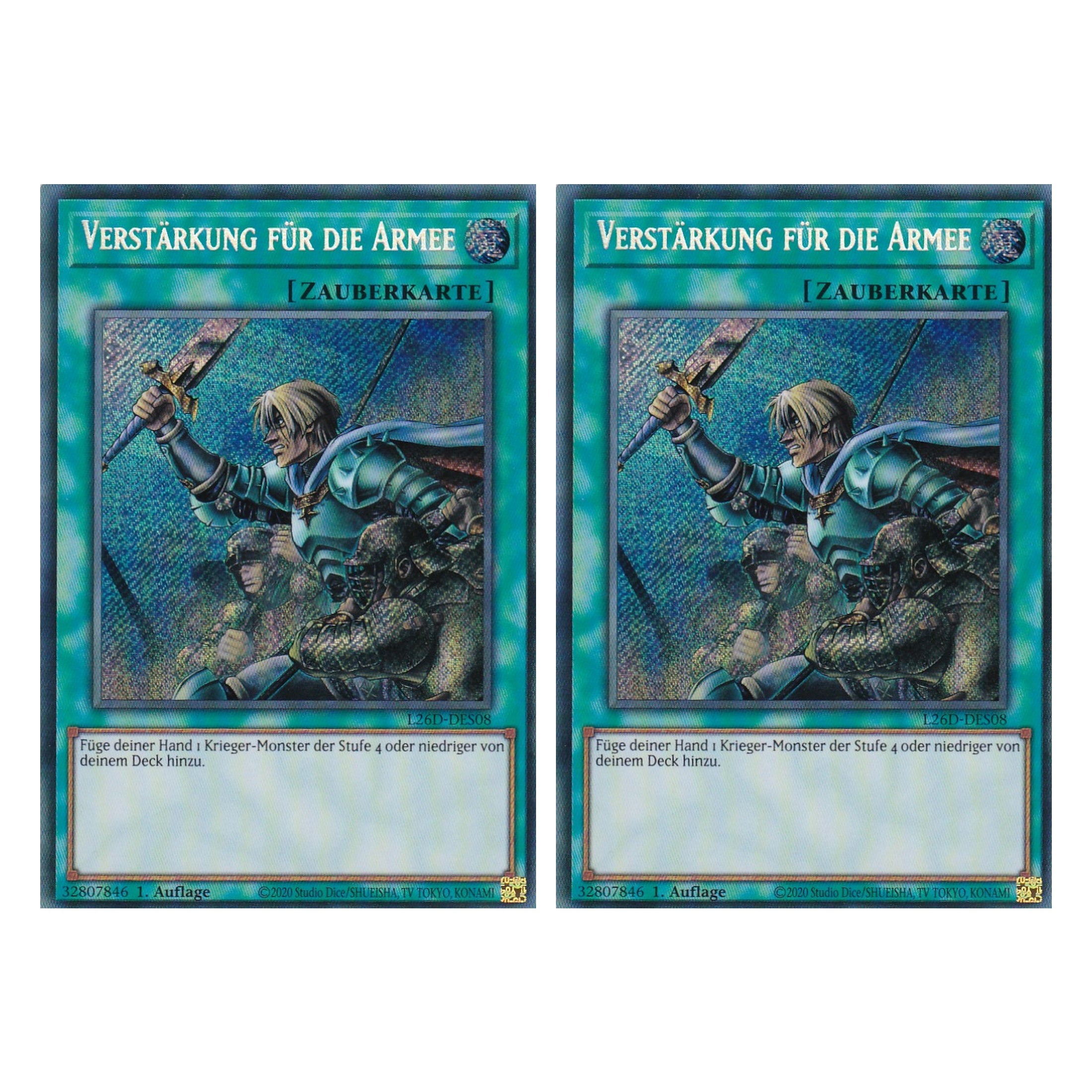 L26D-DES08 - Verstärkung für die Armee - Secret Rare - Deutsch - 1. Auflage - Legendary Modern Decks 2026 - Duo Set (2 Stück) - Yu-Gi-Oh! - mit LMS Trading Fieldcenter Karte