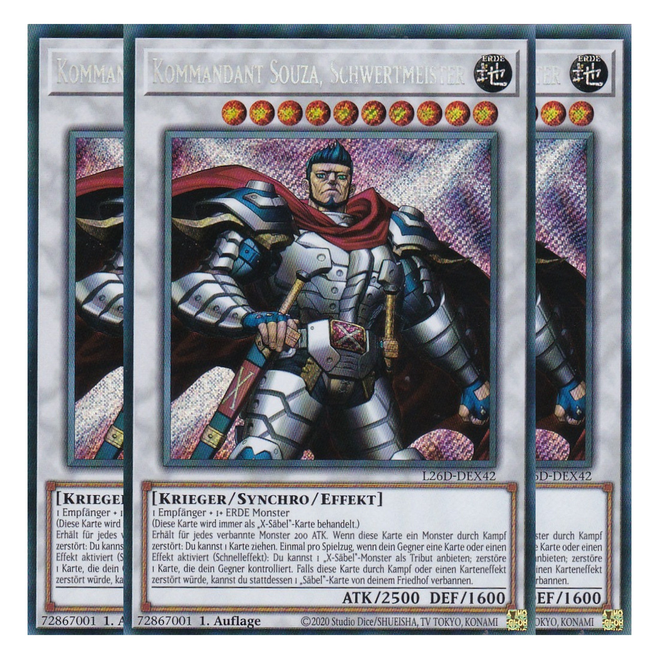 L26D-DEX42 - Kommandant Souza, Schwertmeister - Secret Rare - Deutsch - 1. Auflage - Legendary Modern Decks 2026 - Playset (3 Kopien) - Yu-Gi-Oh! - mit LMS Trading Fieldcenter Karte