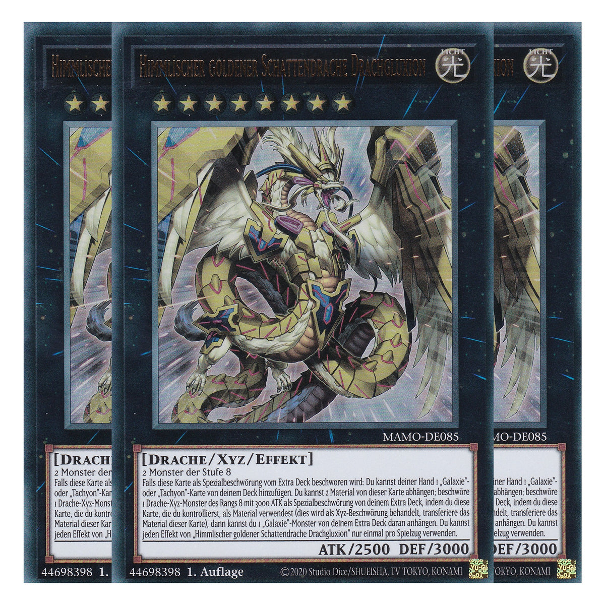 MAMO-DE085 - Himmlischer goldener Schattendrache Drachgluxion - Ultra Rare - Deutsch - 1. Auflage - Magnificent Monsters - Playset (3 Kopien) - Yu-Gi-Oh!