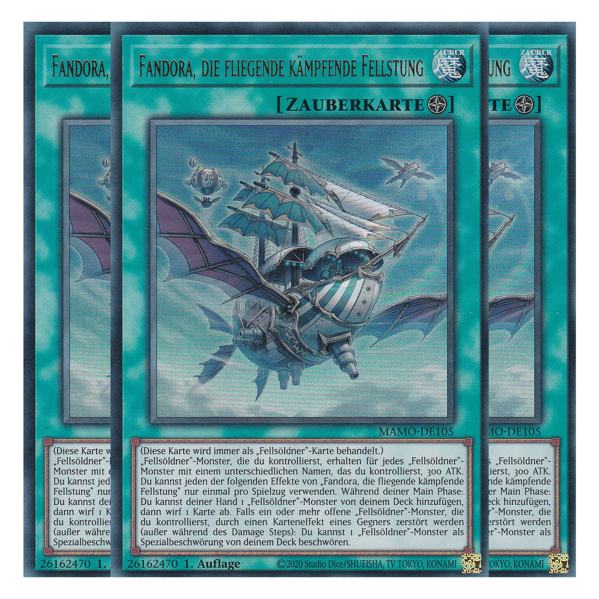 MAMO-DE105 - Fandora, die fliegende kämpfende Fellstung - Ultra Rare - Deutsch - 1. Auflage - Magnificent Monsters - Playset (3 Kopien) - Yu-Gi-Oh!