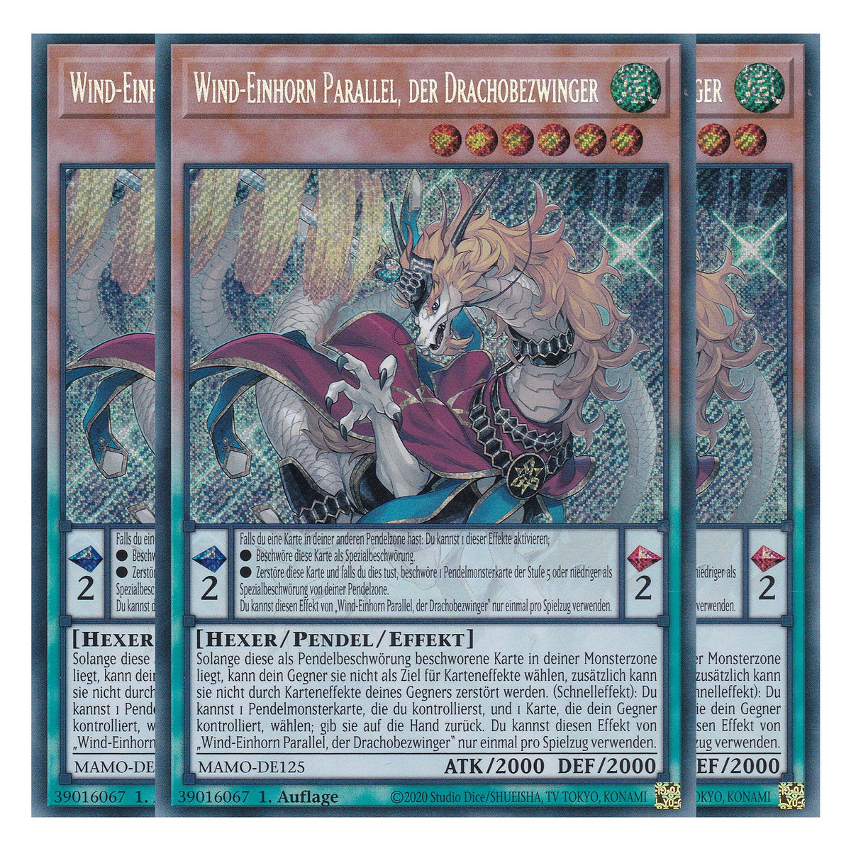 MAMO-DE125 - Wind-Einhorn Parallel, der Drachobezwinger - Secret Rare - Deutsch - 1. Auflage - Magnificent Monsters - Playset (3 Kopien) - Yu-Gi-Oh!